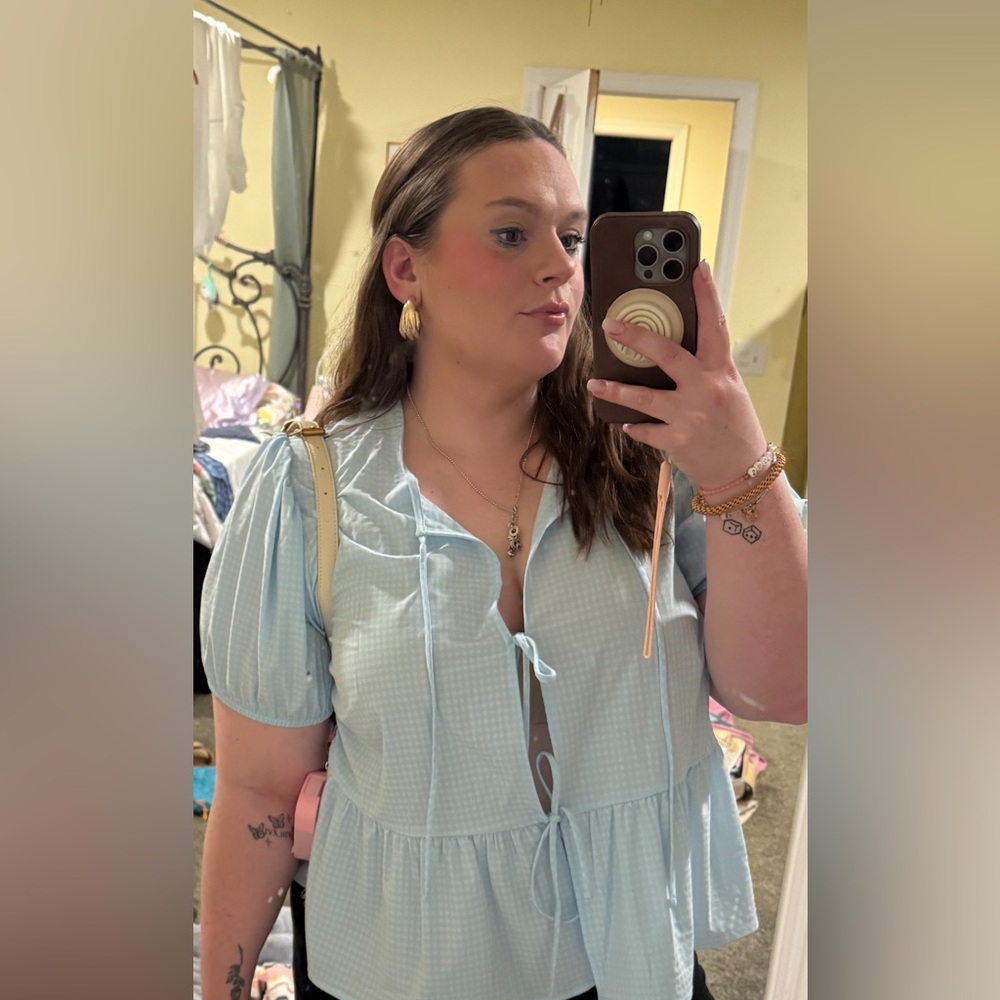 Light Blue Gingham Dress with Puff Sleeves